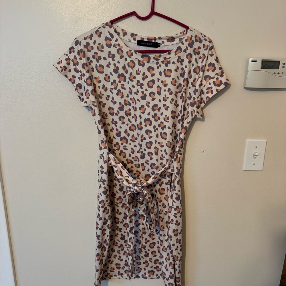Animal Print Midi Dress with Tie-Waist